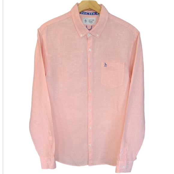 An Original Penguin Linen Button Down Shirt Men XL Salmon Classic Coastal Preppy - Picture 2 of 11